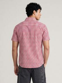 Chillumni Red Short Sleeve Plaid Shirt With Unique Embroidered Logo, Fresh Checked Casual Versatile Fashion Summer Casual Shirt - Red - View 2