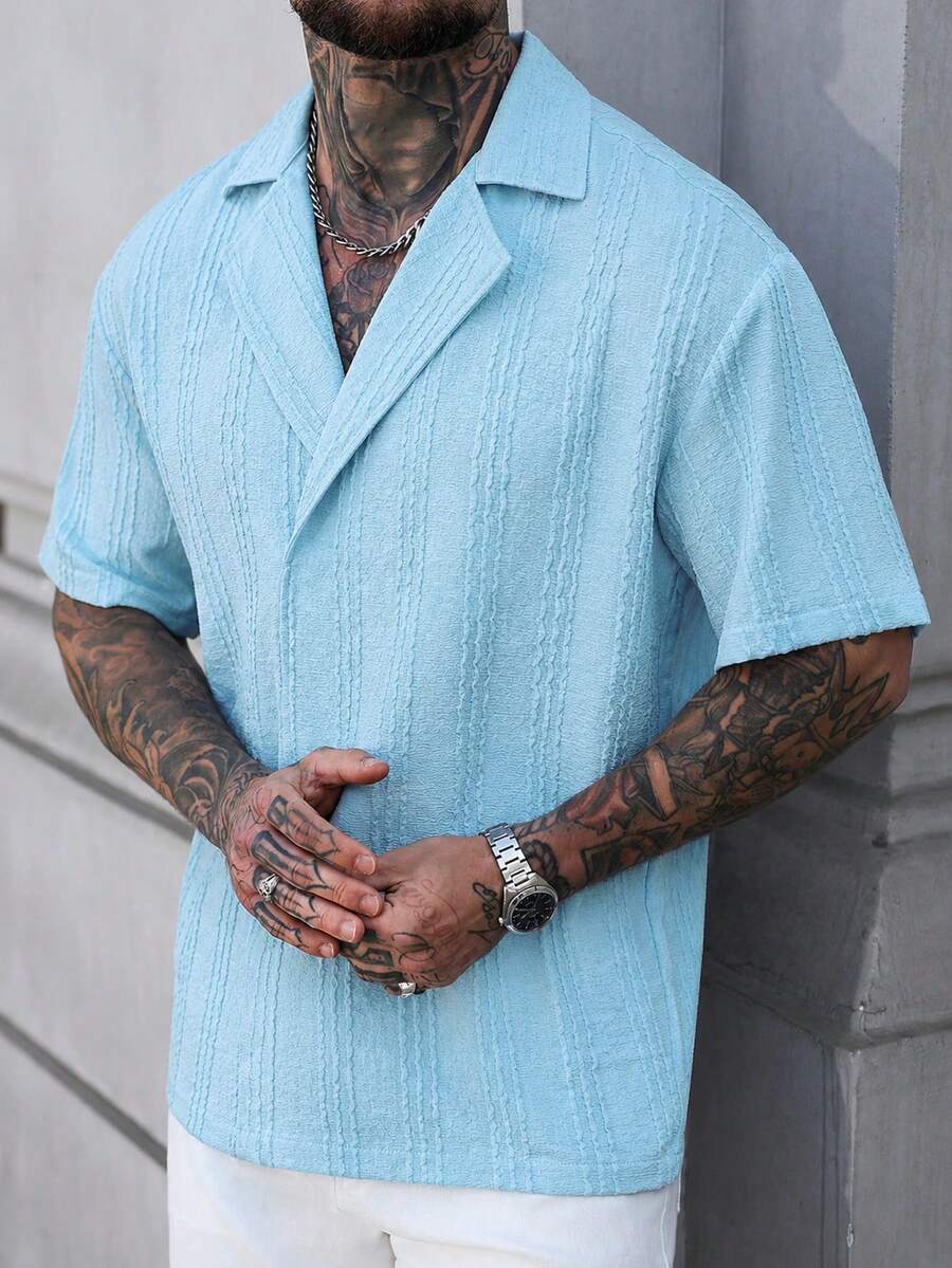 Manfinity CasualCool 男士純色休閒百搭日常短袖襯衫 - 藍色 - 查看 1