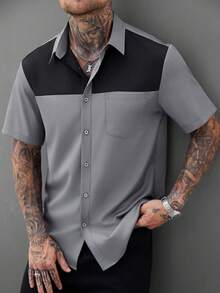 Manfinity Mode Men's Black & Grey Color Block Mature Casual Business Shirt, Comfortable Short Sleeve Style - Dark Grey - View 1