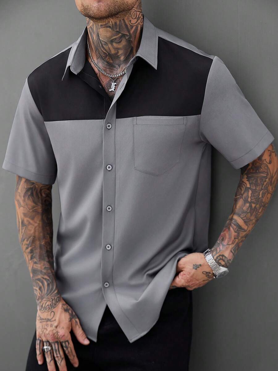 Manfinity Mode Men's Black & Grey Color Block Mature Casual Business Shirt, Comfortable Short Sleeve Style - Dark Grey - View 1