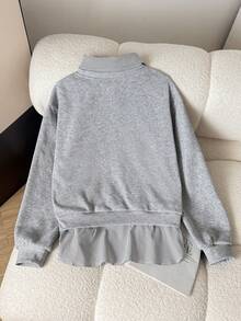 SHEIN 青少年女孩秋季復古歐美風襯衫領拼接寬鬆休閒學院風長袖衛衣，街頭休閒風，寬鬆條紋襯衫領衛衣，適合日常休閒通勤百搭 - 淺灰色 - 查看 2