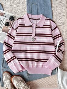 SHEIN 青少年女孩秋冬時尚休閒條紋 Polo 毛衣 - 粉色 - 查看 1