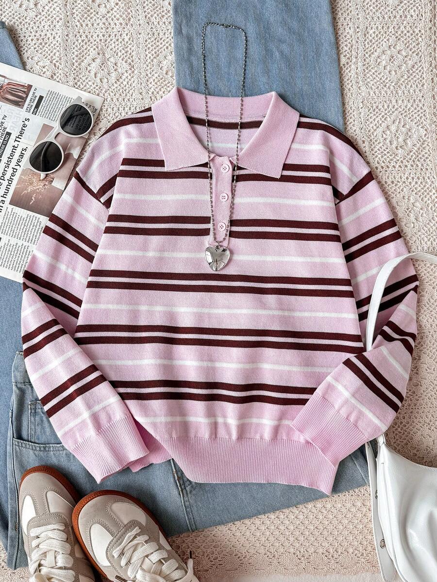 SHEIN 青少年女孩秋冬時尚休閒條紋 Polo 毛衣 - 粉色 - 查看 1