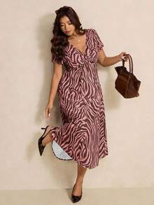 Elaquor Plus Size Women's Zebra Print V-Neck Short Sleeve Elegant Dress Vacation Pink Summer - Multicolor - View 1