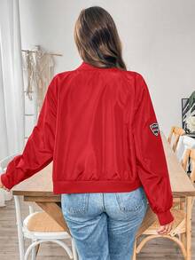 SHEIN Essnce Plus Size Women's Solid Color Long Sleeve Zip-Up Casual Baseball Jacket Fall - Red - View 2