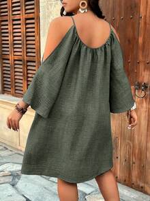 Weeklong Plus Size Round Neck Ruched Pleated Split Flare 3/4 Sleeve Casual A-Line Dress - Cadet Blue - View 2