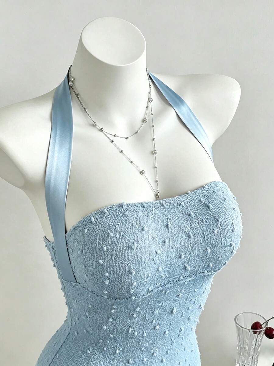 Elamini 女款夏季淡粉色甜美可愛蝴蝶結露背設計針織迷你優雅派對洋裝,適合婚禮、畢業季、輕便晚宴、派對、度假、下午茶約會 - 藍色 - 查看 1