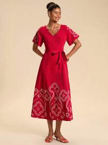 Travachic Women's Elegant Bohemian V-Neck Embroidered Tie-Waist Vacation Dress ,Autumn - Red - View 5