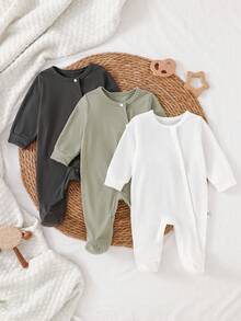 SHEIN Vintaside Kids 3件組新生兒嬰兒連身衣套裝，長袖連腳爬行服，居家穿著，適用男嬰女嬰，橄欖綠、淺灰色、白色，秋冬保暖舒適 - 彩色 - 查看 10