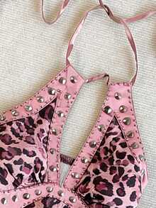 IslaSuriya Top de verano vintage con estampado de leopardo y cuello halter, top para mujer con decoración de strass y remaches metálicos - Rosa - Ver 3