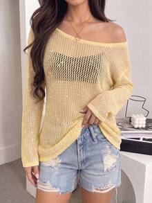 SHEIN 女士镂空亮片时尚套头毛衣 - Butter Yellow - 查看 6
