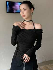 DAZY Women's Cross Off Shoulder Korean Style Tie-Up Long Sleeve T-Shirt, Spring/Autumn Cute Tops Vacation Going Out Tops - Black - View 11