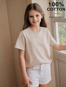 Anewsta Spring/Summer New Girl's Minimalist Modest Solid Color 100 Pure Cotton All-Match Versatile Short Sleeve T-Shirt Beige - Apricot - View 7
