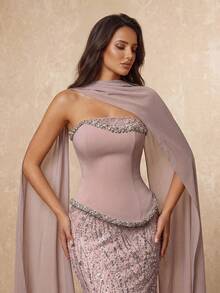 Lumalex Elegant Luxurious Diamond Pearl Sequin Floral Mesh Patchwork Stretch Knit Mermaid Skirt With Hanging Chiffon Flounce,Suitable For Wedding,Party,Prom - Dusty Pink - View 2
