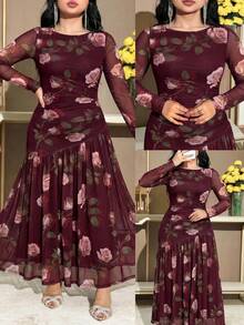 Modelyn 大尺碼女款花卉印花百褶休閒派對與旅行洋裝 - 彩色 - 查看 1