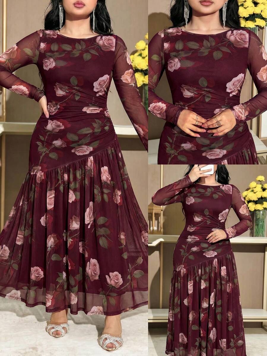 Modelyn 大尺碼女款花卉印花百褶休閒派對與旅行洋裝 - 彩色 - 查看 1