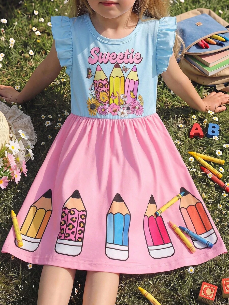 SHEIN 女童可愛字母鉛筆印花飛袖洋裝 開學季