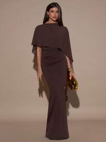 SHEIN BAE Women's Solid Color Pleated Elegant Waist-Cinched Party Night Dinner Date Dress/Wedding, Going Out, Casual Outfits Dark Brown Summer Thanksgiving - Brown - View 3