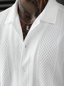 SLATEMANN Plus Size Men's Solid Color Textured Jacquard Short Sleeve Shirt Crochet Shirts Fishnet Men White Laced All Beach Summer Designer Mesh - White - View 3