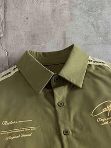 AXEPEAK Men's Letter Print Colorblock Single-Breasted Casual Versatile Daily Commute Shirt - Green - View 5