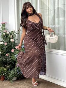 GalTyme Plus Size Women's Polka Dot Patchwork Ruffle Hem Fashion Cami Dress - Brown - View 4