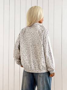 SHEIN EZwear 女款豹紋長袖前拉鍊休閒夾克 - 灰色 - 查看 4