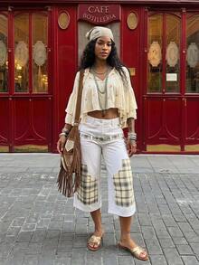 Jeanoix Jeans Y2K pour femmes, jeans style de rue à patchwork blanc et carreaux, jeans minimalistes de mode de rue d'été - Blanc - Voir 1