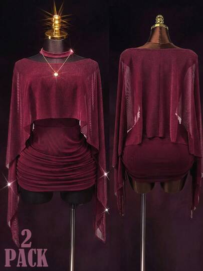 Sunspun Plus Size Silver Asymmetrical Pullover Top And Drawstring Cami Dress 2 Pieces Set