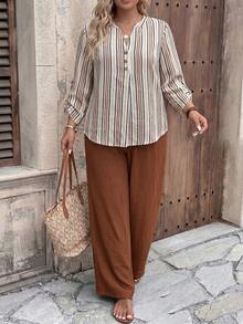 Ceyna Plus Size Women's Striped Color‑Block Casual 2‑Piece Outfit, White‑Brown Striped Shirt Top With Straight‑Leg Elastic Waist Pants,Striped Matching Set - Multicolor - View 6