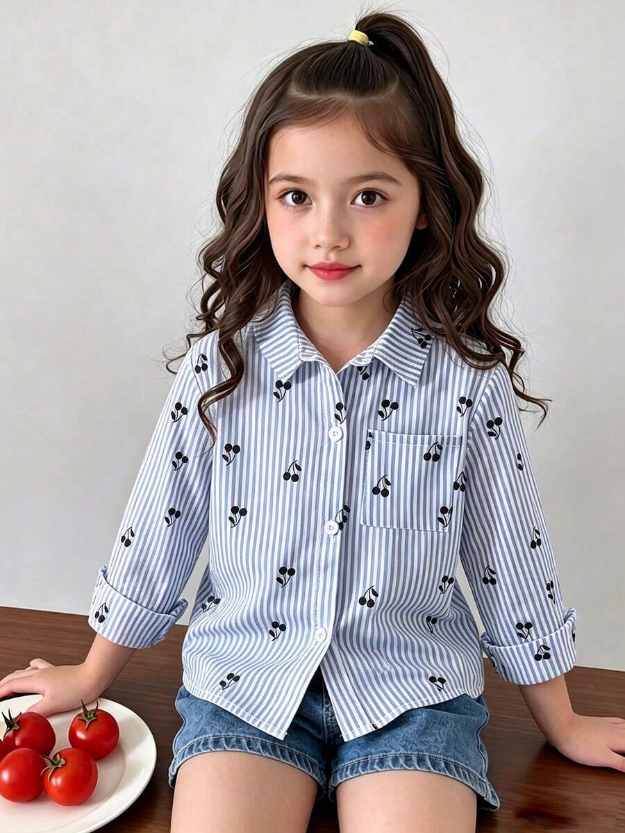 SHEIN Playful Pals YOUNG GIRLS 返校季藍色條紋櫻桃印花長袖領口襯衫 學院風鈕扣上衣 童裝秋季單件 - 藍色 - 查看 1