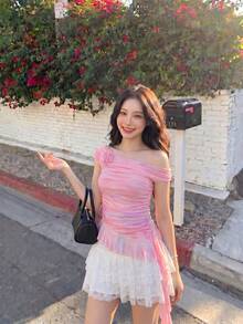 SHEIN MOD Women's Light Pink Summer Effortless Chic Date T-Shirt,Colorful Tie Dye Print Asymmetrical Shoulder 3D Flower Ruffle Hem Bodycon Floral Beach Tee - Multicolor - View 5