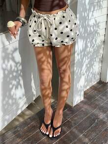 Sunnyshic Women's Drawstring Waist Polka Dot Casual Cute Versatile Daily Outing Denim Shorts Beach Picnic Black White Polka Dot Summer - Black and White - View 1