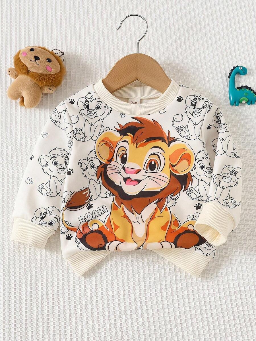 SHEIN 嬰幼兒卡通獅子印花衛衣,柔軟可愛圓領套頭上衣,春秋百搭外套 - 杏色 - 查看 1
