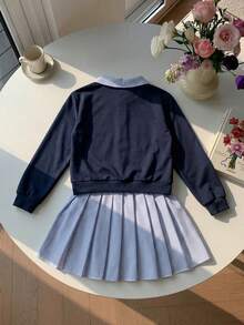 2件組青少年女孩返校季美式大學風條紋格紋拼色字母印花襯衫 - 藏蓝色 - 查看 4