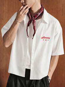 SWAVVY 男士極簡百搭刺繡單排扣短袖襯衫 - 白色 - 查看 2