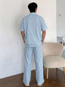 DAZY 男士藍白格紋短袖上衣與長褲家居服套裝 夏季睡衣 - 藍白色 - 查看 2
