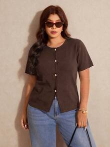 Elaquor Plus Size Casual Versatile Solid Color Short Sleeve Cardigan - Coffee Brown - View 5