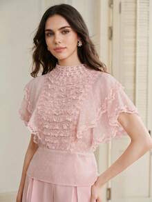 Anewsta Elegant Fashion Cut-Out Chiffon Fabric Contrast Lace Trim Ruffle Short Sleeve Blouse For Women - Pink - View 7