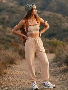 WanderVale Women's Solid Color Drawstring Waist Casual Outdoor Sweatpants - Apricot - View 3