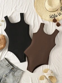 SHEIN 2pcs/Set Tween Girls' Casual Basic U-Neck Sleeveless Fitted Ribbed Jumpsuit, Black & Brown - Brown - View 6
