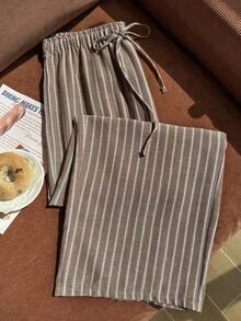 Comfortcana Plus Size Women's Waist Tie Striped Wide Leg Loose Casual Pants - Khaki - View 8