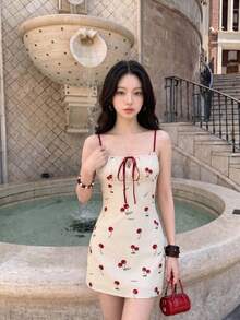Skyraze Cherry Blossom Print Ruched Bust Cami Dress, Spring, Tea Party Vacation Women, Summer Outfits, Carnival Costume, Beach, Cute Cottagecore, Off-White - Multicolor - View 6