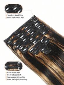 160g Set de 10 extensiones de cabello humano con clips, liso y sedoso, color negro mezclado con marrón - S1/27 - Ver 5