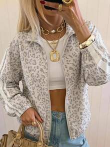 SHEIN EZwear 女款豹紋長袖前拉鍊休閒夾克 - 灰色 - 查看 9