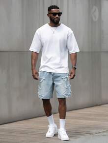 thenoahjr thenoahjr Men's American Hip Hop Street Fashion Star Patch Distressed Loose Wide Leg Pants - Light Wash - View 5