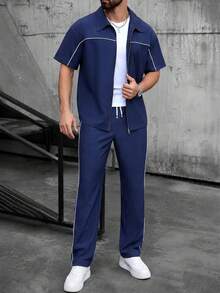 SLATEMANN Kemeja Lengan Pendek Pria dengan Resleting dan Celana Panjang dengan Tali Serut di Pinggang, Pakaian Kasual Sehari-hari - Navy Blue - View 4