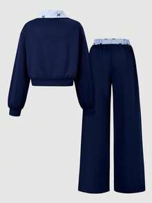 SHEIN Casuvi Kids 2件組 秋冬青少年女孩 Romweezy 寬鬆休閒設計拼色 2合1 領口V領短版衛衣搭配寬鬆休閒寬腿拼色拼接長褲，適合日常通勤、休閒、度假、姊妹聚會、街頭風 - 彩色 - 查看 4