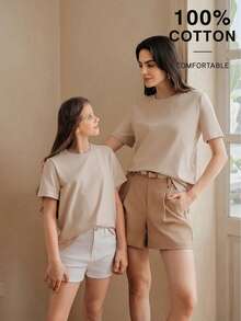 Anewsta Spring/Summer New Girl's Minimalist Modest Solid Color 100 Pure Cotton All-Match Versatile Short Sleeve T-Shirt Beige - Apricot - View 3