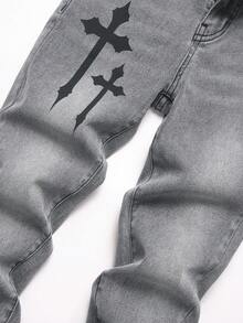 SHEIN 青少年男孩休閒十字圖案灰色彈性緊身牛仔褲，萬聖節與黑色上學款 - 灰色 - 查看 3