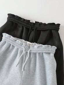 SHEIN 青少年女孩運動休閒褲 2件/套，黑色與深灰色字母印花，休閒運動街頭風針織款，收口褲腳，買1送1，冬季款 - 彩色 - 查看 4